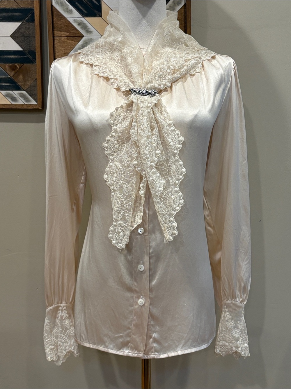 Vintage Ralph Lauren Blue Label 80s Lace Scarf Silk Button Down Blouse size 10